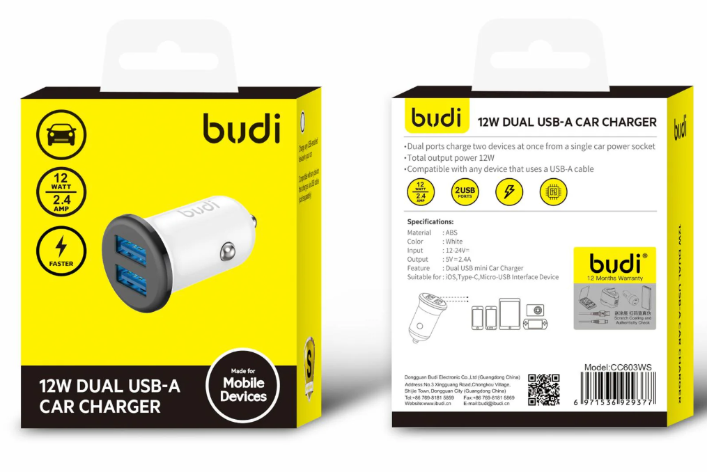 BUDI DUAL USB A CAR CHARGER